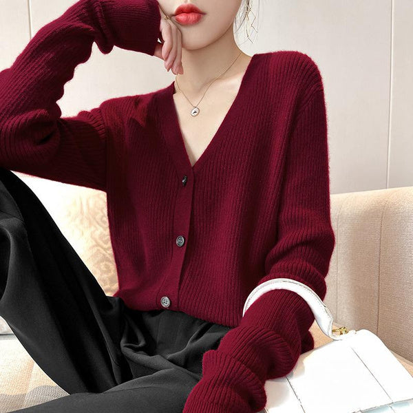 2021 Autumn New Knitted V-Neck Cardigan Women'S Outer Wear Korean-Style Lazy Loose Solid Color Sweater Coat Women