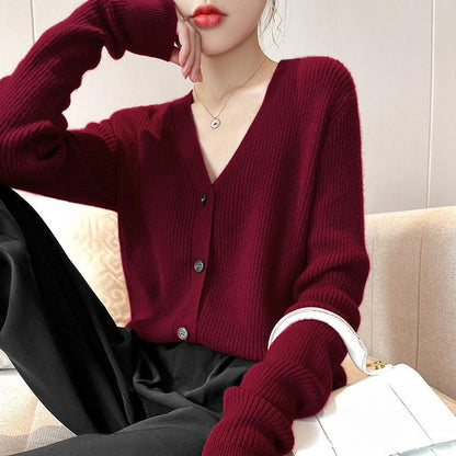 2021 Autumn New Knitted V-Neck Cardigan Women'S Outer Wear Korean-Style Lazy Loose Solid Color Sweater Coat Women