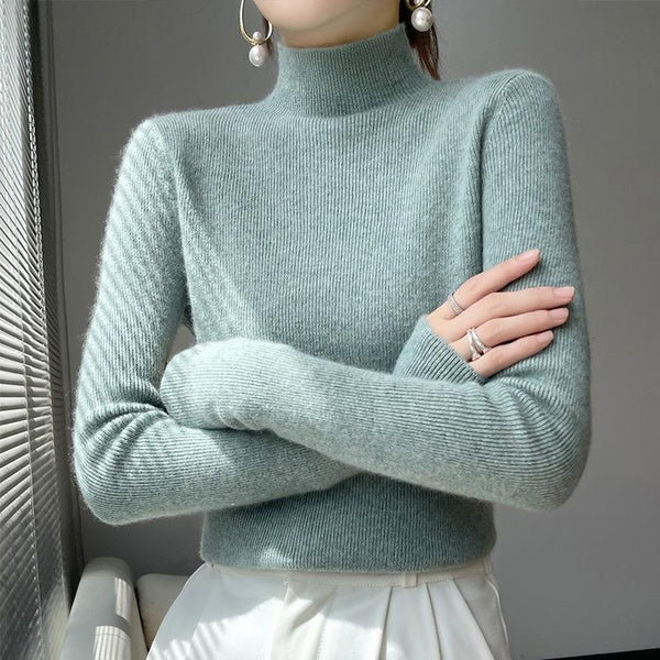 Slim Fit Ribbed Turtleneck Sweater for Women, Solid Color Knit Pullover Long Sleeve Top