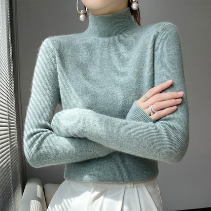 Slim Fit Ribbed Turtleneck Sweater for Women, Solid Color Knit Pullover Long Sleeve Top