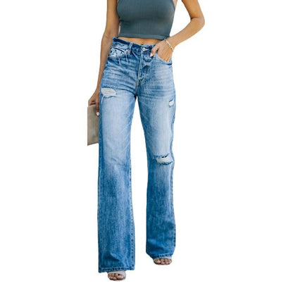 Trendy Women's Distressed High-Waisted Wide Leg Jeans, Slimming Washed Denim Pants