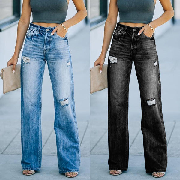 Trendy Women's Distressed High-Waisted Wide Leg Jeans, Slimming Washed Denim Pants