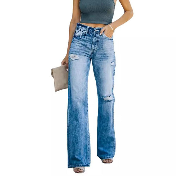Trendy Women's Distressed High-Waisted Wide Leg Jeans, Slimming Washed Denim Pants