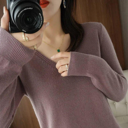 Cashmere V-Neck Sweater, Soft Knit Korean Style Pullover, Trendy Layering Essential