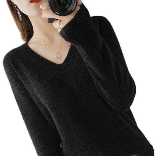 Cashmere V-Neck Sweater, Soft Knit Korean Style Pullover, Trendy Layering Essential