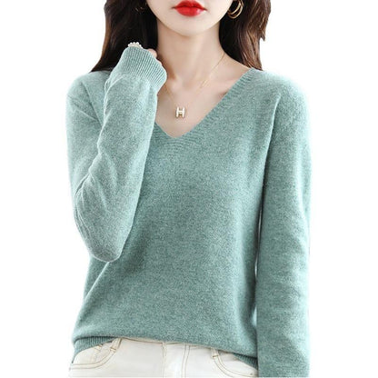 V-Neck Knit Sweater for Women, Loose Fit, Slimming Pullover, Soft Solid Color Long Sleeve Top