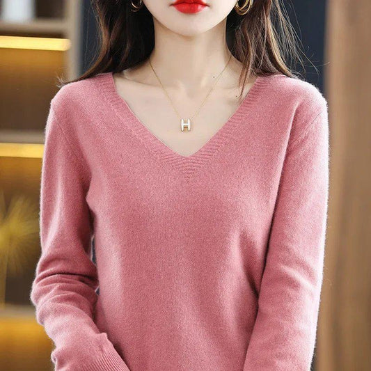 V-Neck Knit Sweater for Women, Loose Fit, Slimming Pullover, Soft Solid Color Long Sleeve Top