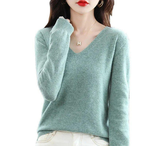 V-Neck Knit Sweater for Women, Loose Fit, Slimming Pullover, Soft Solid Color Long Sleeve Top
