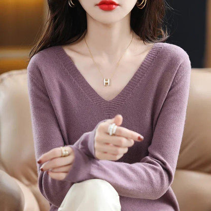 V-Neck Knit Sweater for Women, Loose Fit, Slimming Pullover, Soft Solid Color Long Sleeve Top