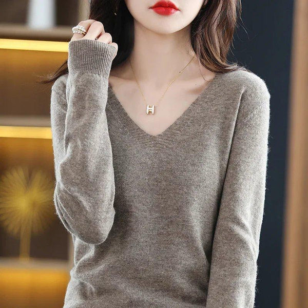 V-Neck Knit Sweater for Women, Loose Fit, Slimming Pullover, Soft Solid Color Long Sleeve Top