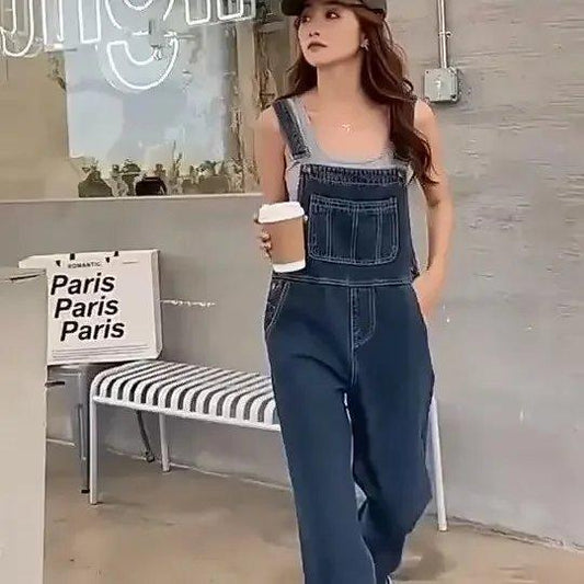 Women’s Vintage Loose Denim Overalls, Slimming Wide-Leg Jumpsuit, Retro Straight-Leg Suspender Pants for Petite Figures