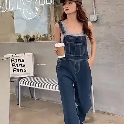 Women’s Vintage Loose Denim Overalls, Slimming Wide-Leg Jumpsuit, Retro Straight-Leg Suspender Pants for Petite Figures