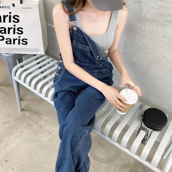 Women’s Vintage Loose Denim Overalls, Slimming Wide-Leg Jumpsuit, Retro Straight-Leg Suspender Pants for Petite Figures
