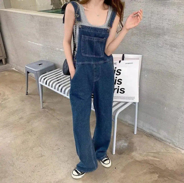 Women’s Vintage Loose Denim Overalls, Slimming Wide-Leg Jumpsuit, Retro Straight-Leg Suspender Pants for Petite Figures