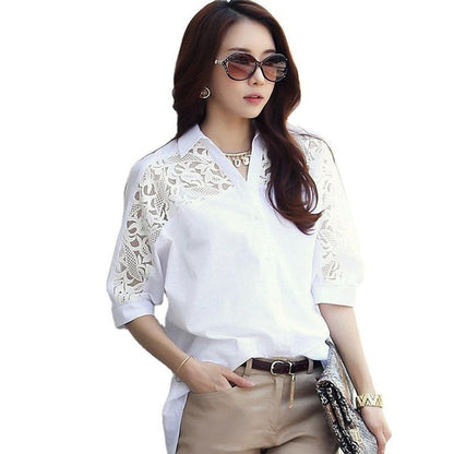 Plus Size Lace Chiffon Blouse for Women, Loose Fit Korean Style, Short & Half Sleeve Elegant Top