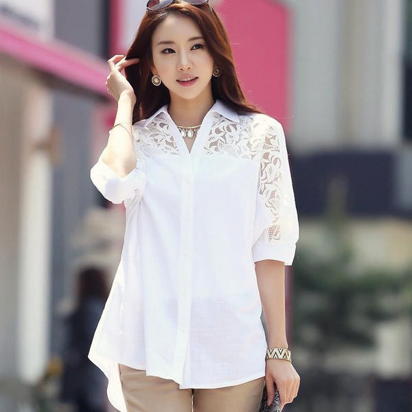 Plus Size Lace Chiffon Blouse for Women, Loose Fit Korean Style, Short & Half Sleeve Elegant Top