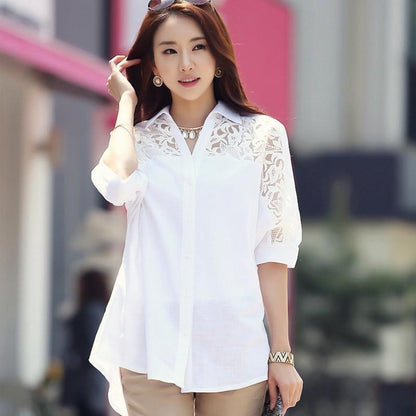 Plus Size Lace Chiffon Blouse for Women, Loose Fit Korean Style, Short & Half Sleeve Elegant Top