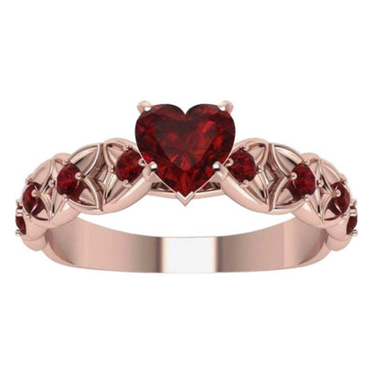 Rose Gold Heart-Shaped Ring with Red Crystal Inlay, Dainty Micro Zirconia Wedding Band