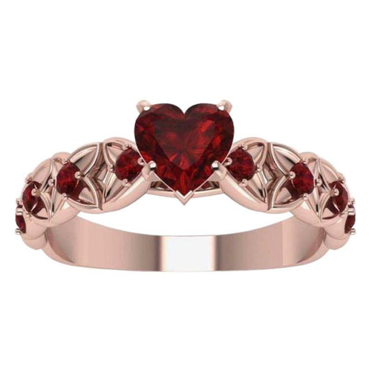 Rose Gold Heart-Shaped Ring with Red Crystal Inlay, Dainty Micro Zirconia Wedding Band