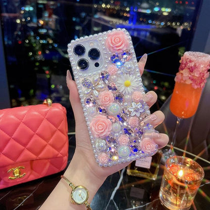 DIY Rhinestone Rose Flower Case for iPhone, Luxury Bling Full Diamond Cover, Elegant Handmade Design for iPhone 11/12/14/X/XS