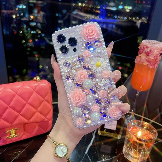 DIY Rhinestone Rose Flower Case for iPhone, Luxury Bling Full Diamond Cover, Elegant Handmade Design for iPhone 11/12/14/X/XS