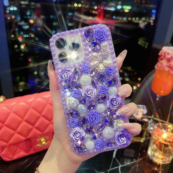 DIY Rhinestone Rose Flower Case for iPhone, Luxury Bling Full Diamond Cover, Elegant Handmade Design for iPhone 11/12/14/X/XS