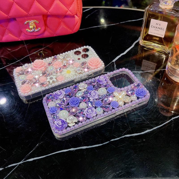 DIY Rhinestone Rose Flower Case for iPhone, Luxury Bling Full Diamond Cover, Elegant Handmade Design for iPhone 11/12/14/X/XS