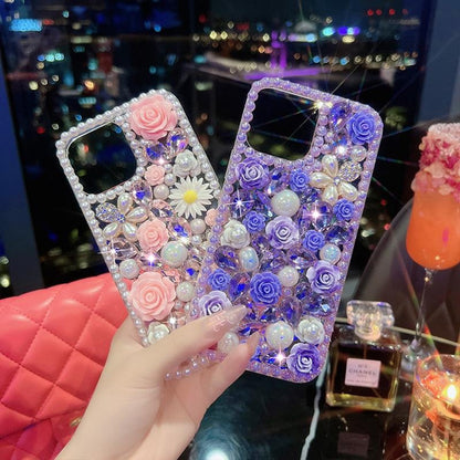 DIY Rhinestone Rose Flower Case for iPhone, Luxury Bling Full Diamond Cover, Elegant Handmade Design for iPhone 11/12/14/X/XS