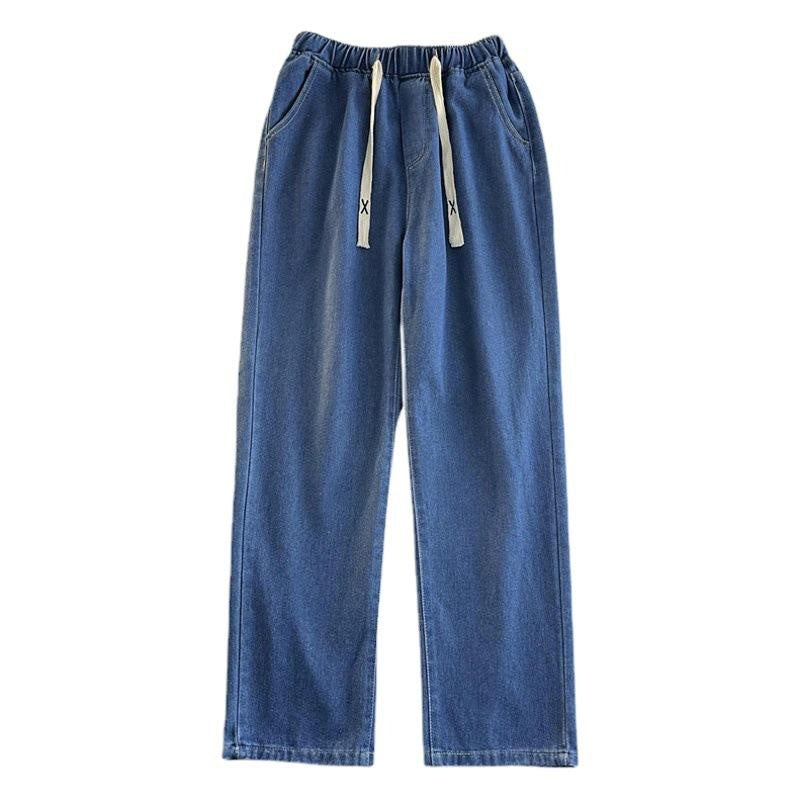 Men's Vintage Loose Fit Straight Leg Jeans, Drawstring Waist, Casual Wide-Leg Denim Pants, Trendy Minimalist Style