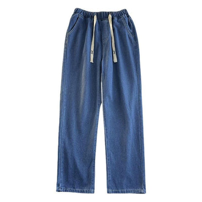 Men's Vintage Loose Fit Straight Leg Jeans, Drawstring Waist, Casual Wide-Leg Denim Pants, Trendy Minimalist Style