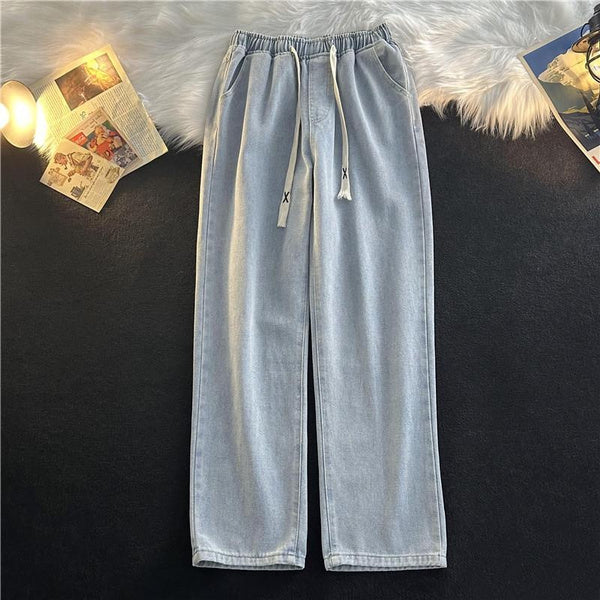 Men's Vintage Loose Fit Straight Leg Jeans, Drawstring Waist, Casual Wide-Leg Denim Pants, Trendy Minimalist Style