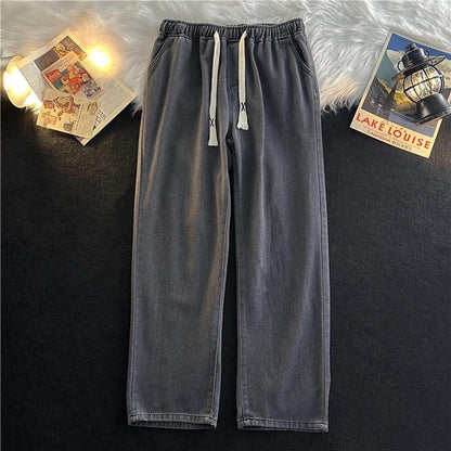 Men's Vintage Loose Fit Straight Leg Jeans, Drawstring Waist, Casual Wide-Leg Denim Pants, Trendy Minimalist Style