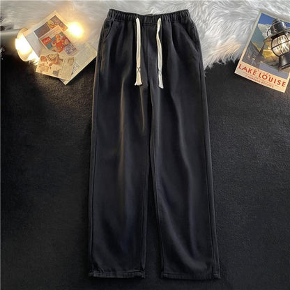 Men's Vintage Loose Fit Straight Leg Jeans, Drawstring Waist, Casual Wide-Leg Denim Pants, Trendy Minimalist Style