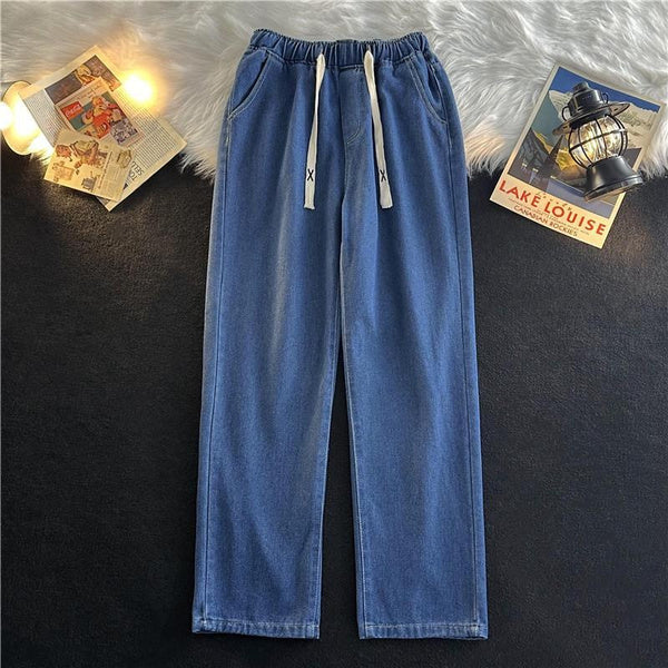 Men's Vintage Loose Fit Straight Leg Jeans, Drawstring Waist, Casual Wide-Leg Denim Pants, Trendy Minimalist Style