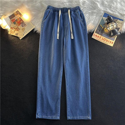Men's Vintage Loose Fit Straight Leg Jeans, Drawstring Waist, Casual Wide-Leg Denim Pants, Trendy Minimalist Style