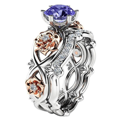 18K Gold Plated Rose Flower Ring Set, Elegant Zirconia Engagement Bands