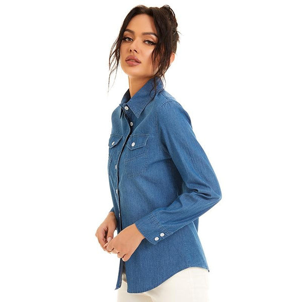 Washed Denim Shirt Jacket for Women, Trendy Irregular Pocket Design, Casual Oversized Jean Outerwear