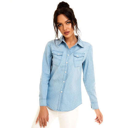 Washed Denim Shirt Jacket for Women, Trendy Irregular Pocket Design, Casual Oversized Jean Outerwear
