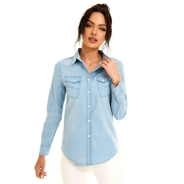 Washed Denim Shirt Jacket for Women, Trendy Irregular Pocket Design, Casual Oversized Jean Outerwear