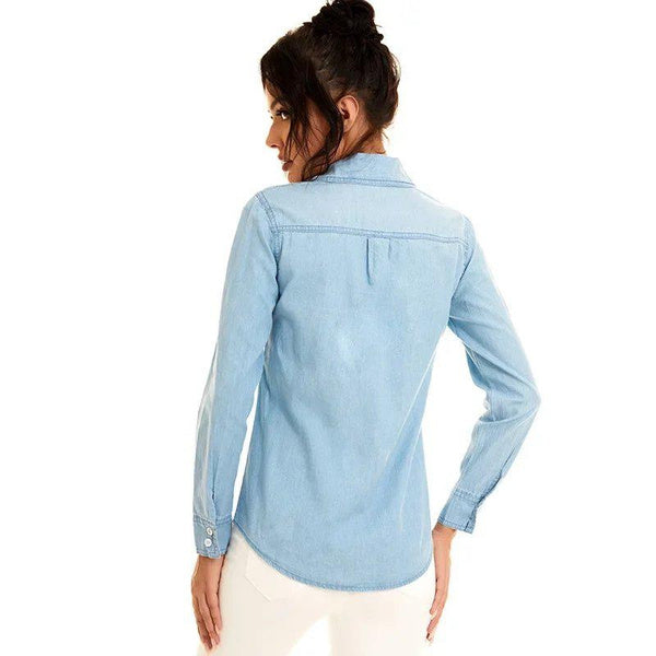 Washed Denim Shirt Jacket for Women, Trendy Irregular Pocket Design, Casual Oversized Jean Outerwear