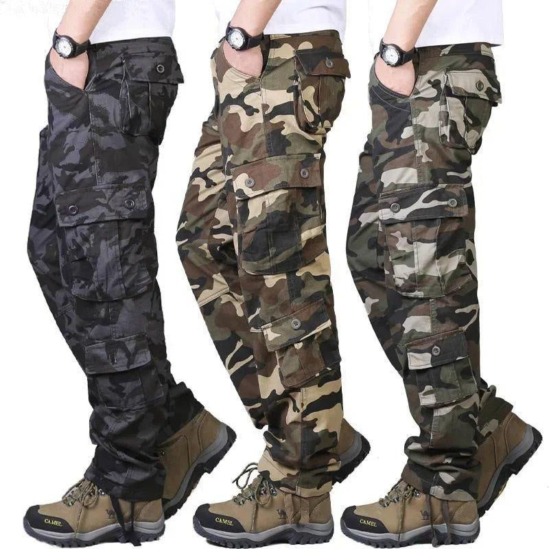 Men's Heavy-Duty Cotton Camouflage Cargo Pants, Durable Straight-Leg Military-Style Trousers, Comfortable Loose Fit for Outdoor and Work