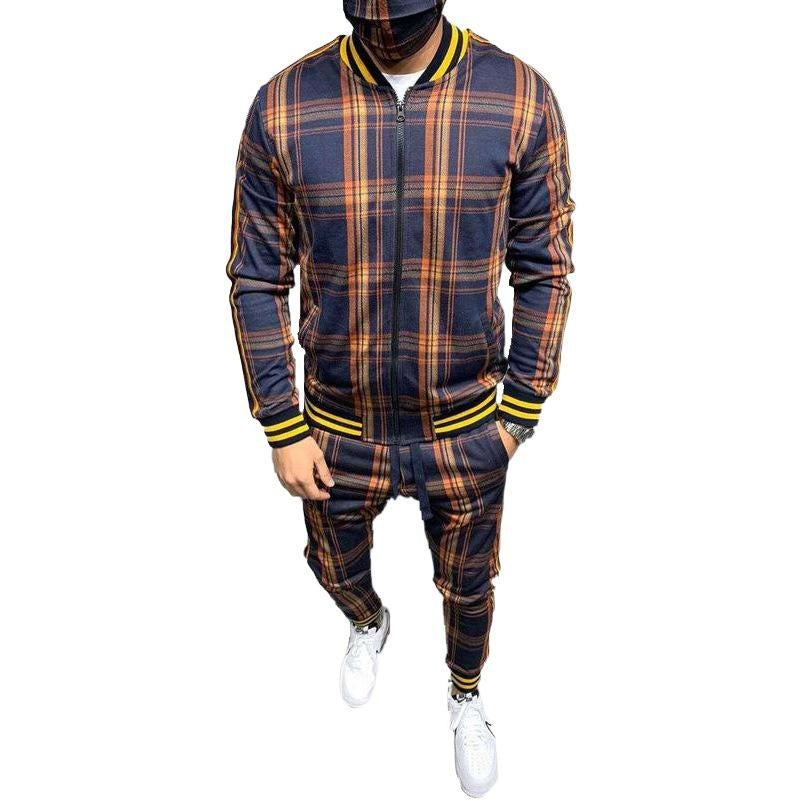 Men’s Plaid Cardigan Jacket and Jogger Set – Casual Athletic Fashion Tracksuit
