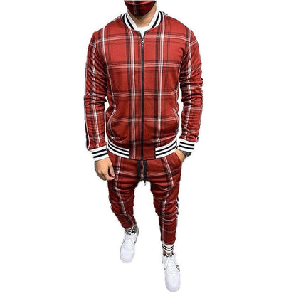 Men’s Plaid Cardigan Jacket and Jogger Set – Casual Athletic Fashion Tracksuit