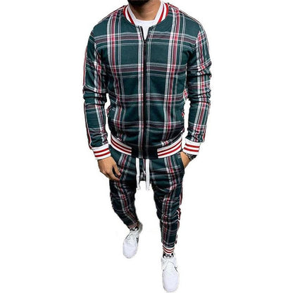 Men’s Plaid Cardigan Jacket and Jogger Set – Casual Athletic Fashion Tracksuit
