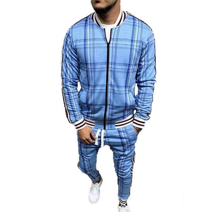 Men’s Plaid Cardigan Jacket and Jogger Set – Casual Athletic Fashion Tracksuit