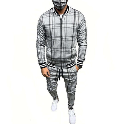 Men’s Plaid Cardigan Jacket and Jogger Set – Casual Athletic Fashion Tracksuit