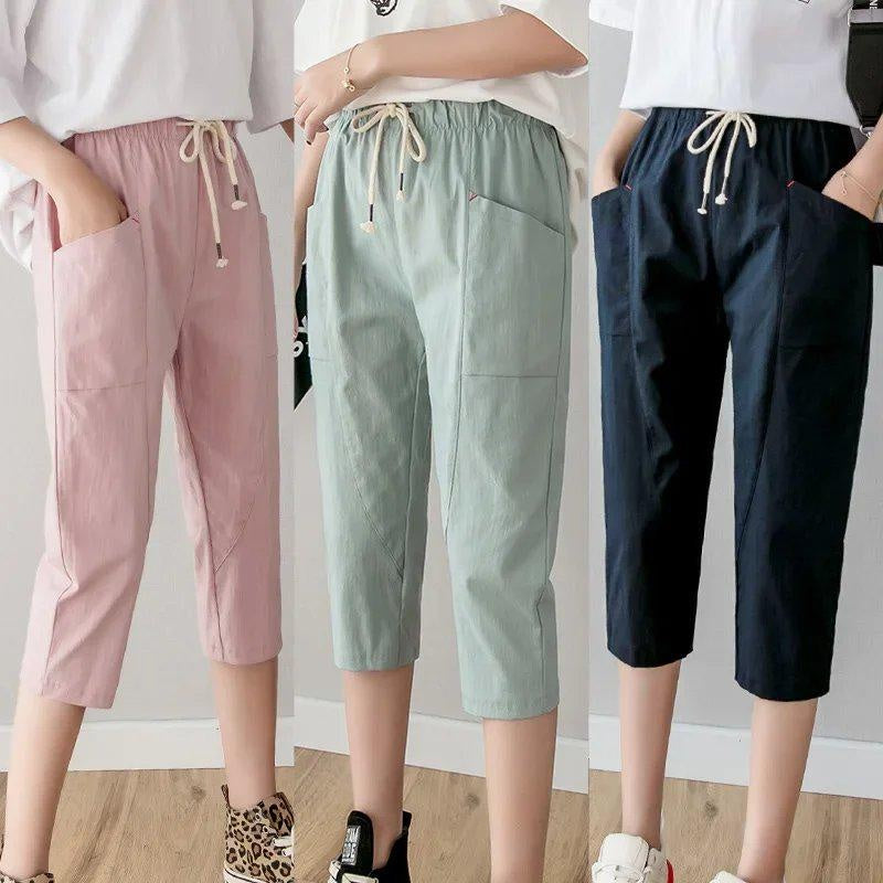 Women's Linen Cotton Cropped Pants, Lightweight Slim Fit Casual Capris, Plus Size Loose Harem Trousers