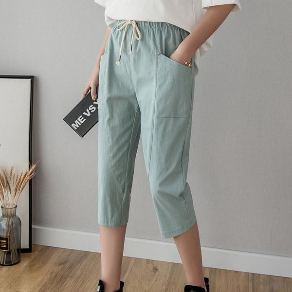 Women's Linen Cotton Cropped Pants, Lightweight Slim Fit Casual Capris, Plus Size Loose Harem Trousers
