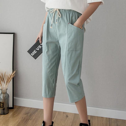 Women's Linen Cotton Cropped Pants, Lightweight Slim Fit Casual Capris, Plus Size Loose Harem Trousers
