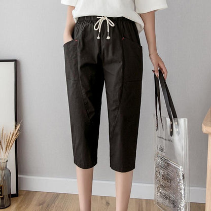 Women's Linen Cotton Cropped Pants, Lightweight Slim Fit Casual Capris, Plus Size Loose Harem Trousers